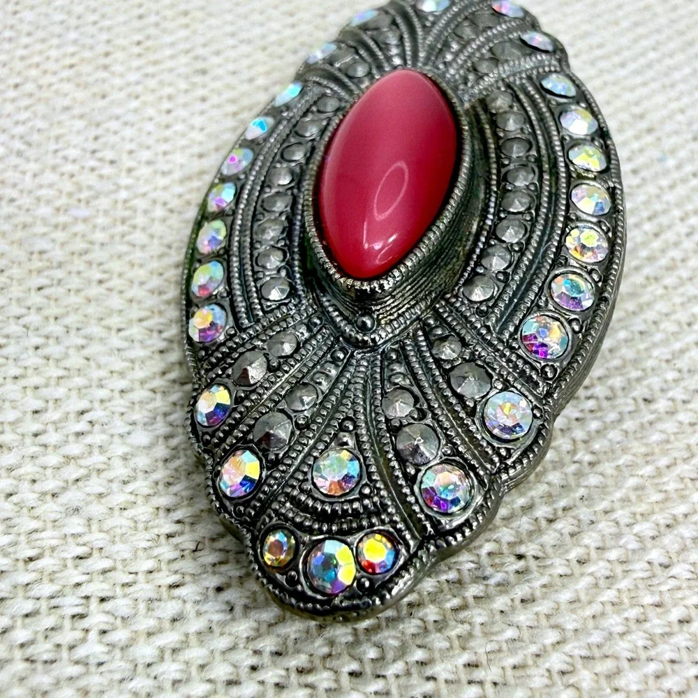 Art Deco Style‎ Brooch Pink Cabochon Aurora Borealis Rhinestone Silver Tone